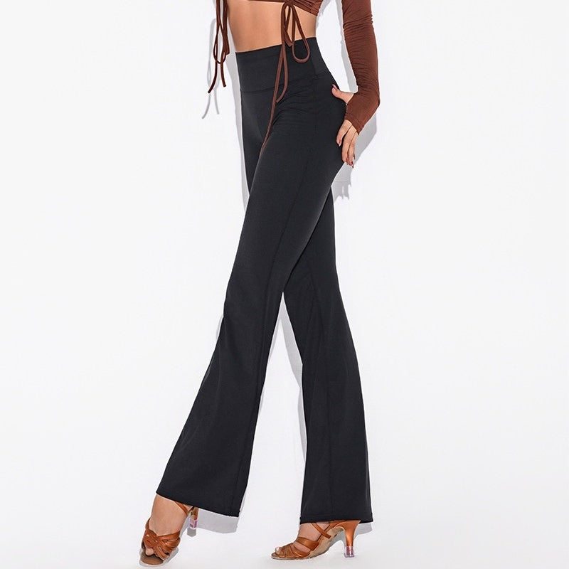 Black flared Latin salsa dance pants for women, front view