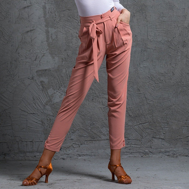 Pink tie belt tapered Latin salsa dance pants, front view