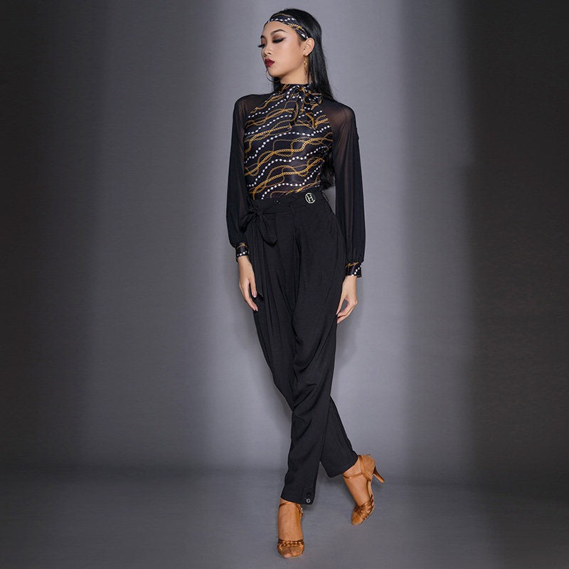 Black tie belt Latin dance pants, full length view