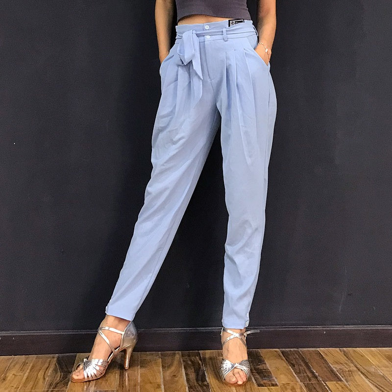 Light blue tapered Latin salsa dance pants with tie belt