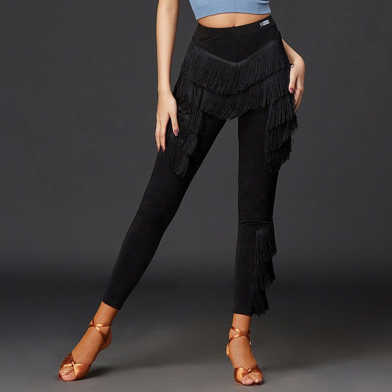Black fringe Latin salsa dance pants for women, front view