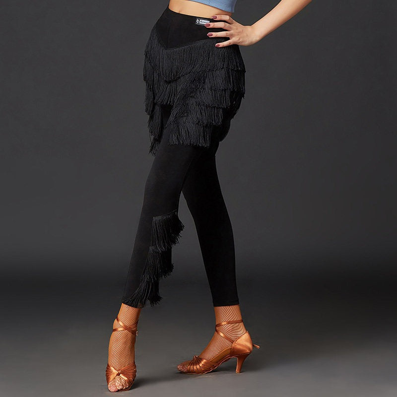 Black Latin dance pants with layered hip fringe, side view