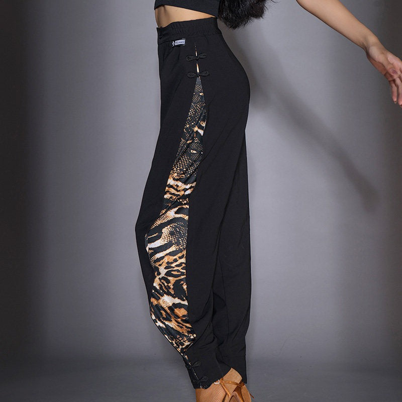 Black Latin dance pants with a leopard print side panel
