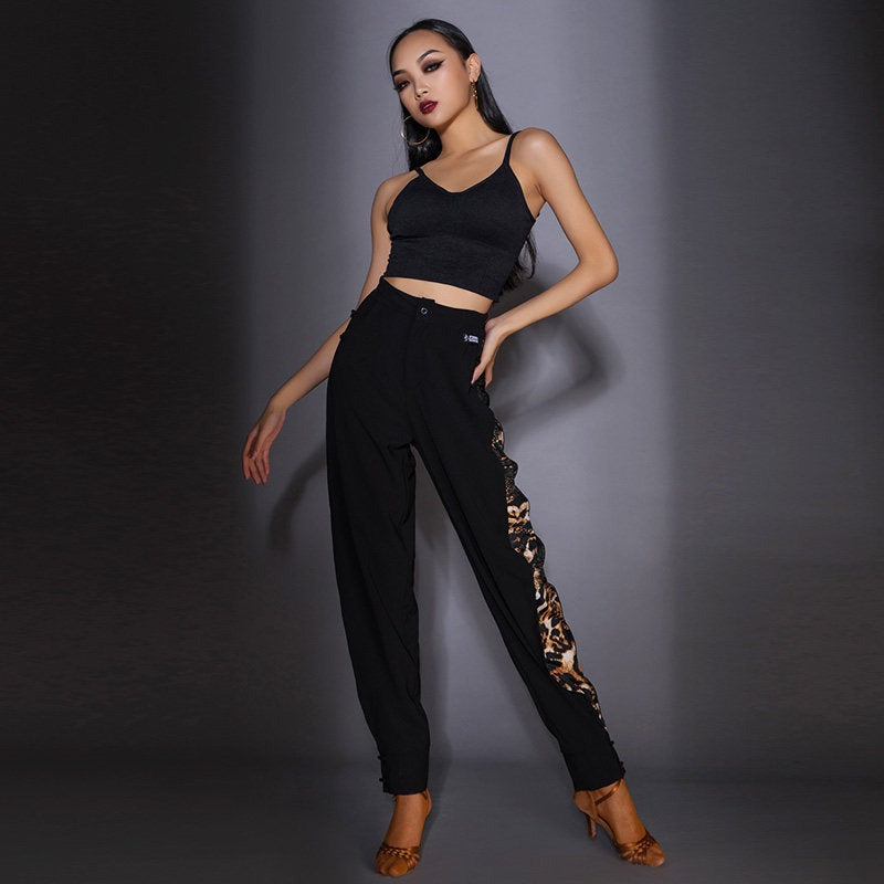 Black and leopard dancesport practice trousers, full length view