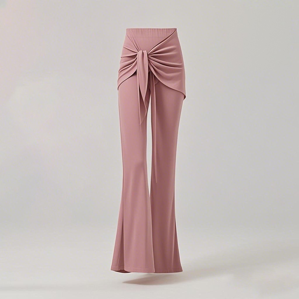 Pink flared Latin dance pants with a knotted wrap skirt panel