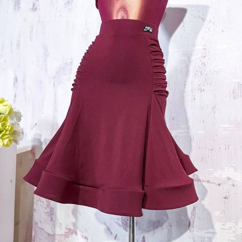 Burgundy ruched Latin salsa dance skirt with a flounce hem, product view