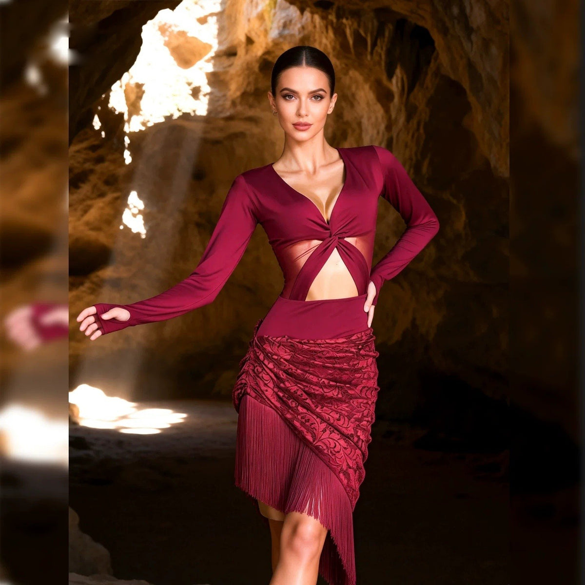 Burgundy lace fringe Latin dance skirt worn with a long sleeve top, front view