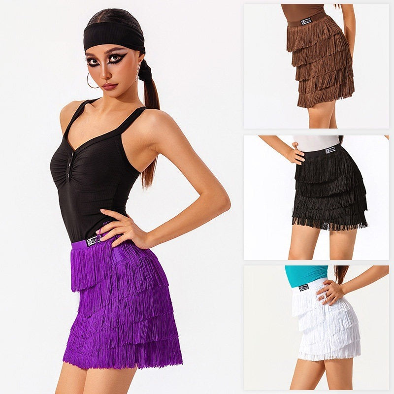 Purple tiered fringe mini Latin dance skirt for salsa practice