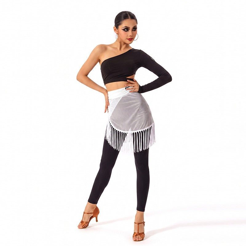 White mesh wrap fringe Latin dance skirt over leggings