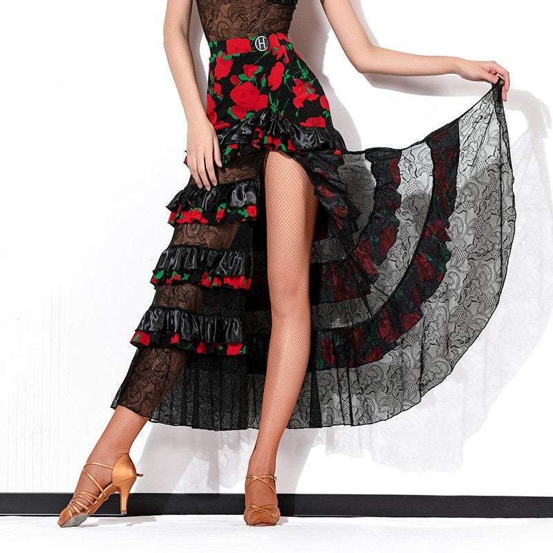 Black rose tiered long Latin dance skirt for salsa practice