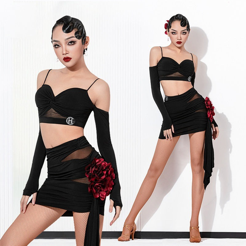 Black flower sash mini Latin dance skirt for salsa practice
