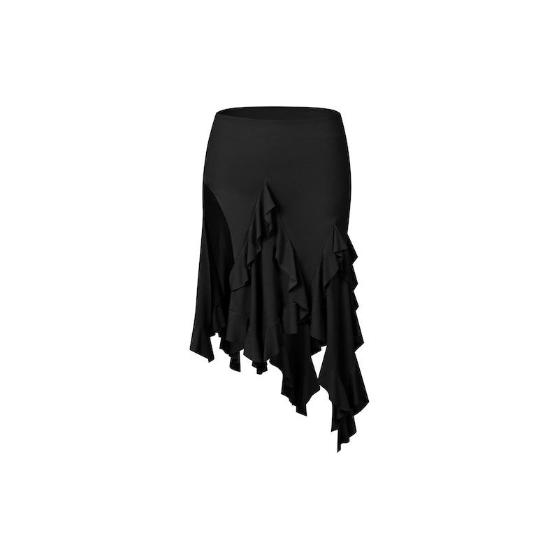 Black asymmetric ruffle Latin dance skirt, flat lay
