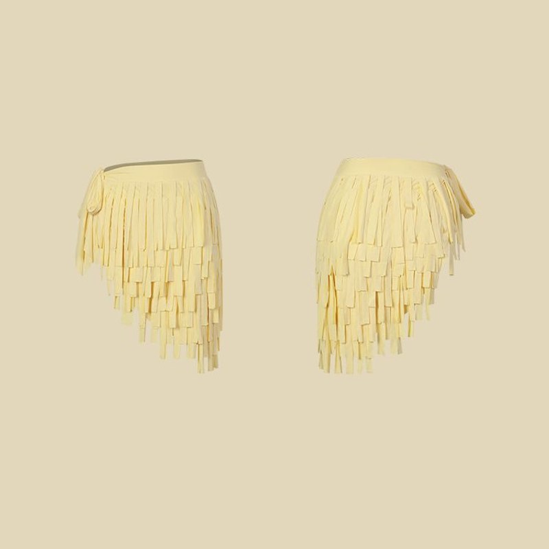 Yellow ribbon fringe dance wrap skirt, flat lay front and back