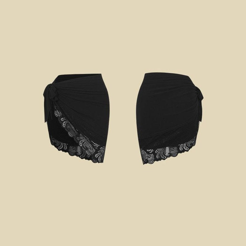 Black lace trim wrap Latin dance skirt, flat lay front and back