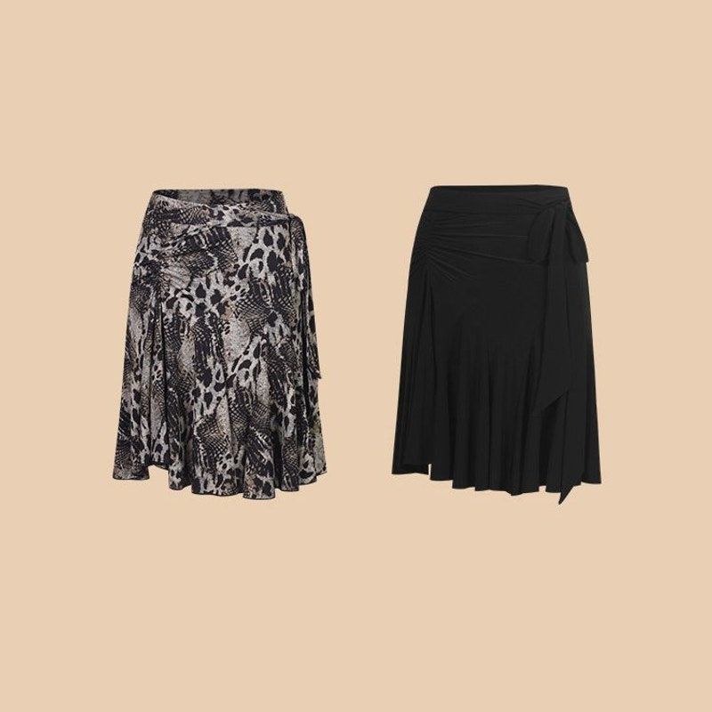 Grey Leopard, Black ruffle Latin dance skirt, flat lay of both colours