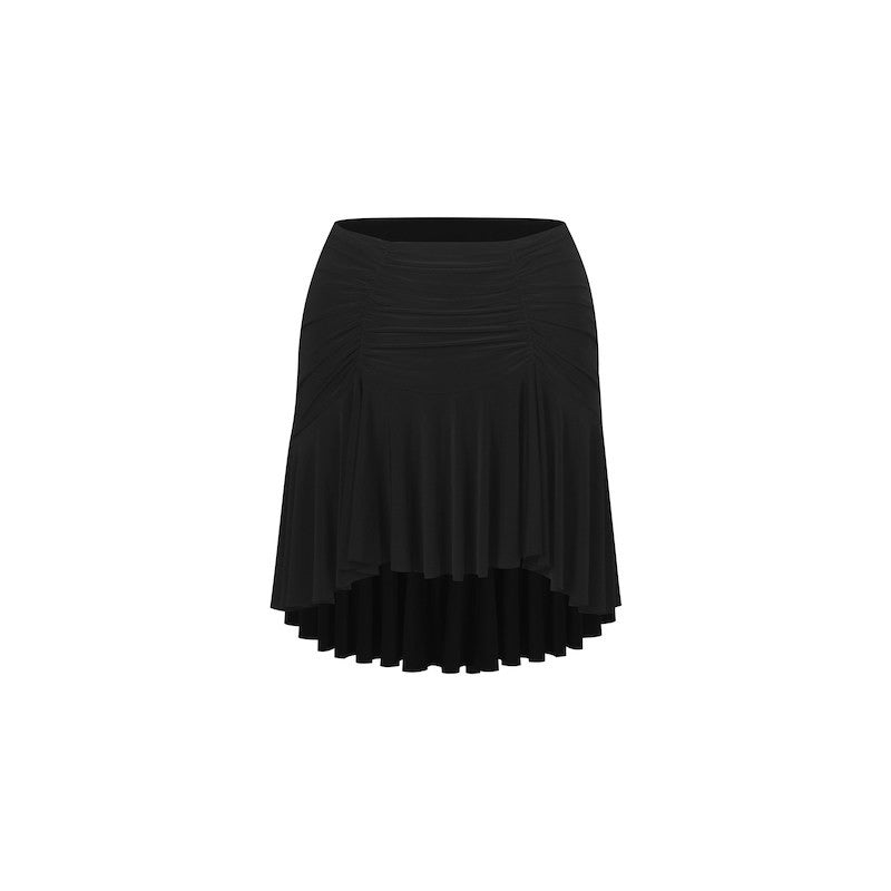 Black ruched ruffle Latin dance skirt, flat lay