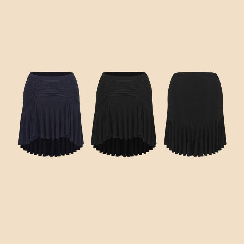 Navy Blue, Black ruched ruffle Latin dance skirt, flat lay of both colours