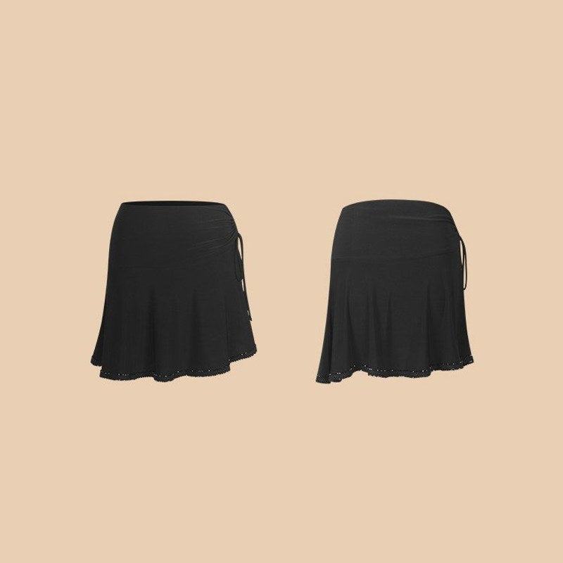 Black beaded hem Latin dance skirt, flat lay front and back