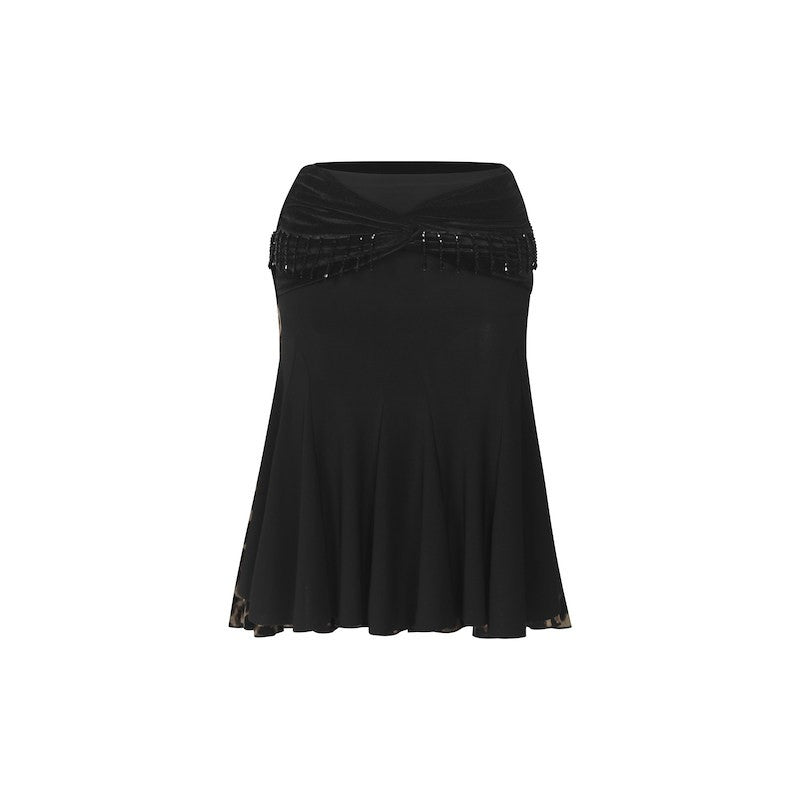Black velvet waist Latin dance skirt, flat lay