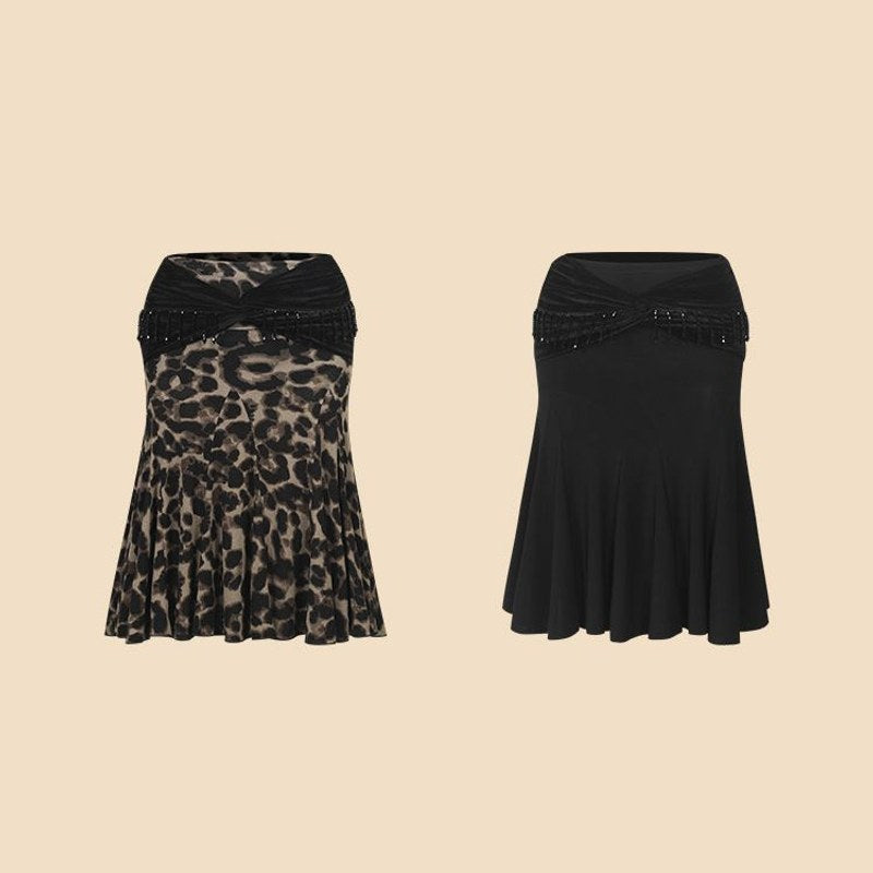 Leopard, Black velvet waist Latin dance skirt, flat lay of both colours