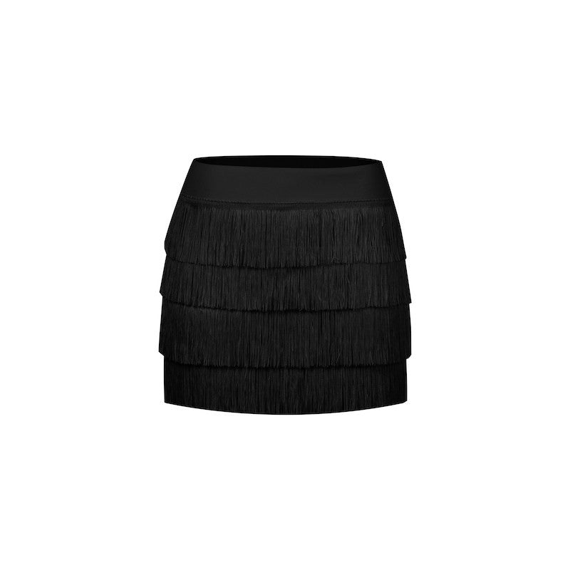 Black tiered fringe Latin dance mini skirt, flat lay
