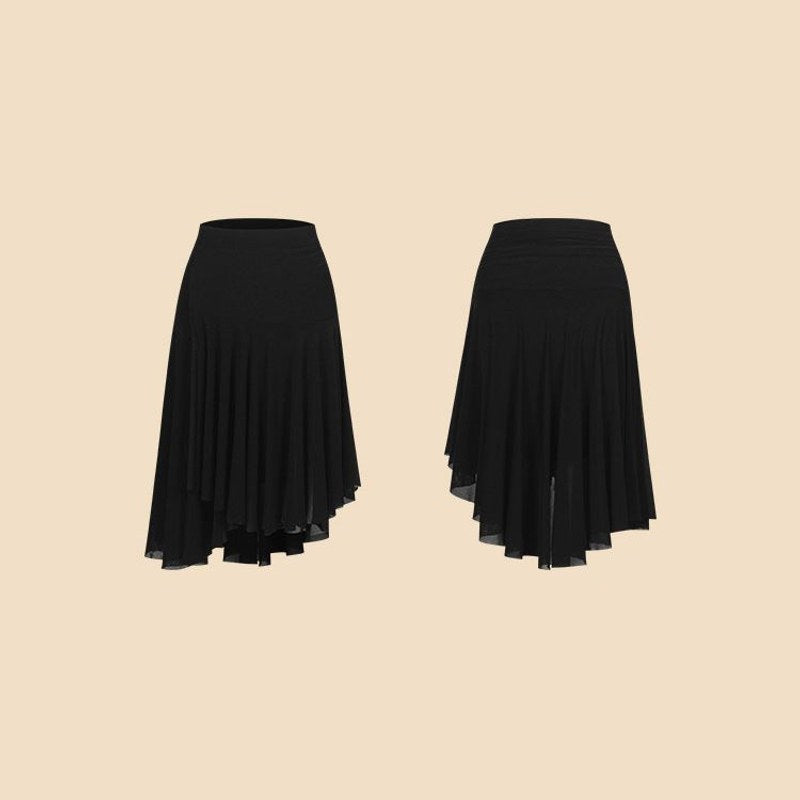Black sheer mesh Latin dance skirt, flat lay front and back
