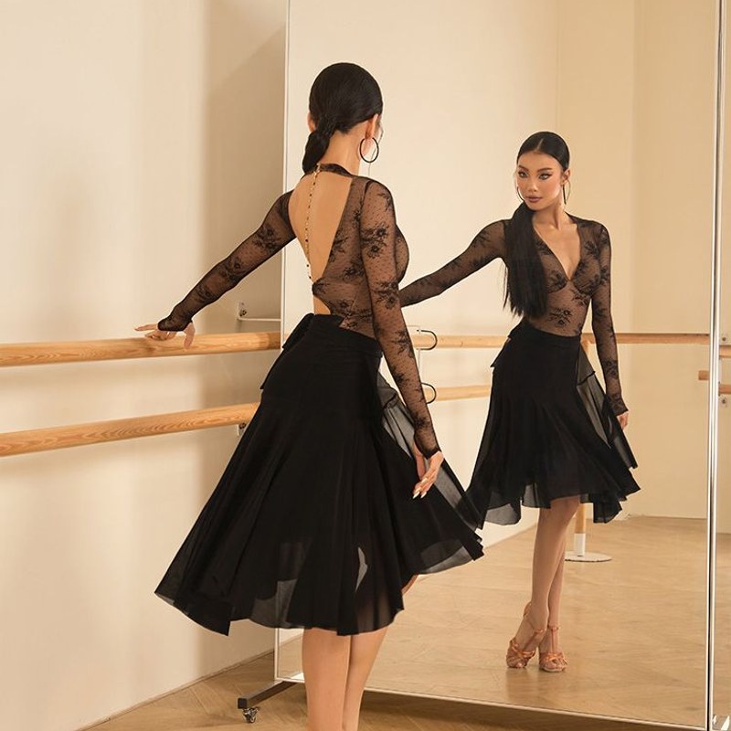 Black sheer mesh skirt, side view in motion