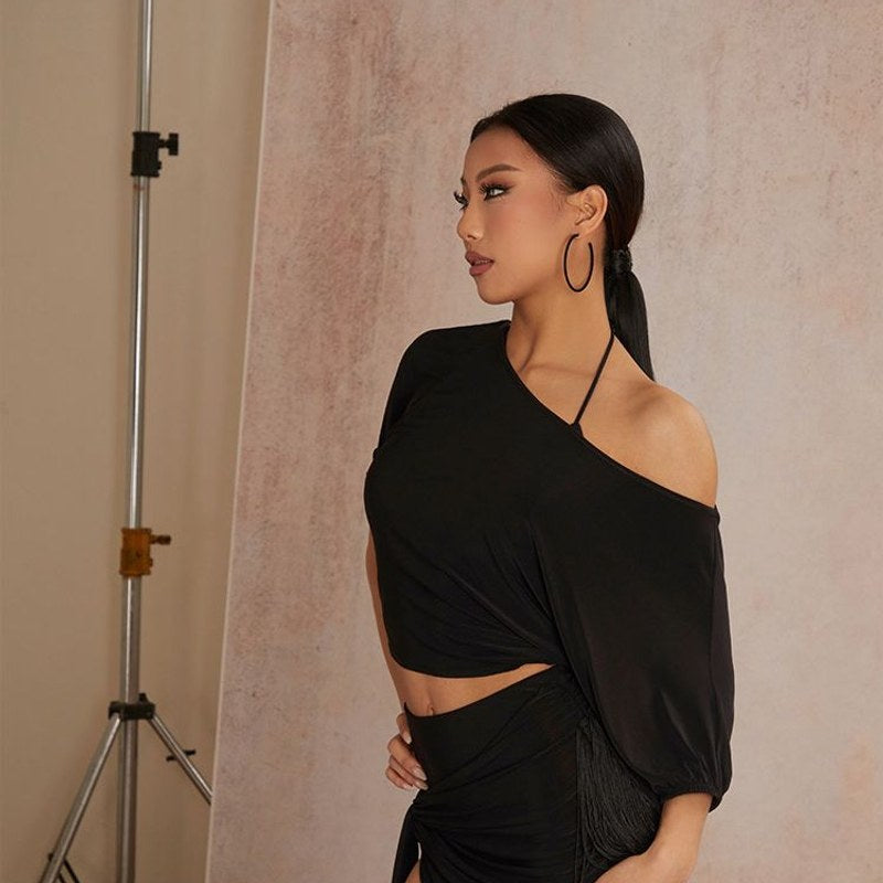 Black off shoulder Latin dance top for Latin practice, front view