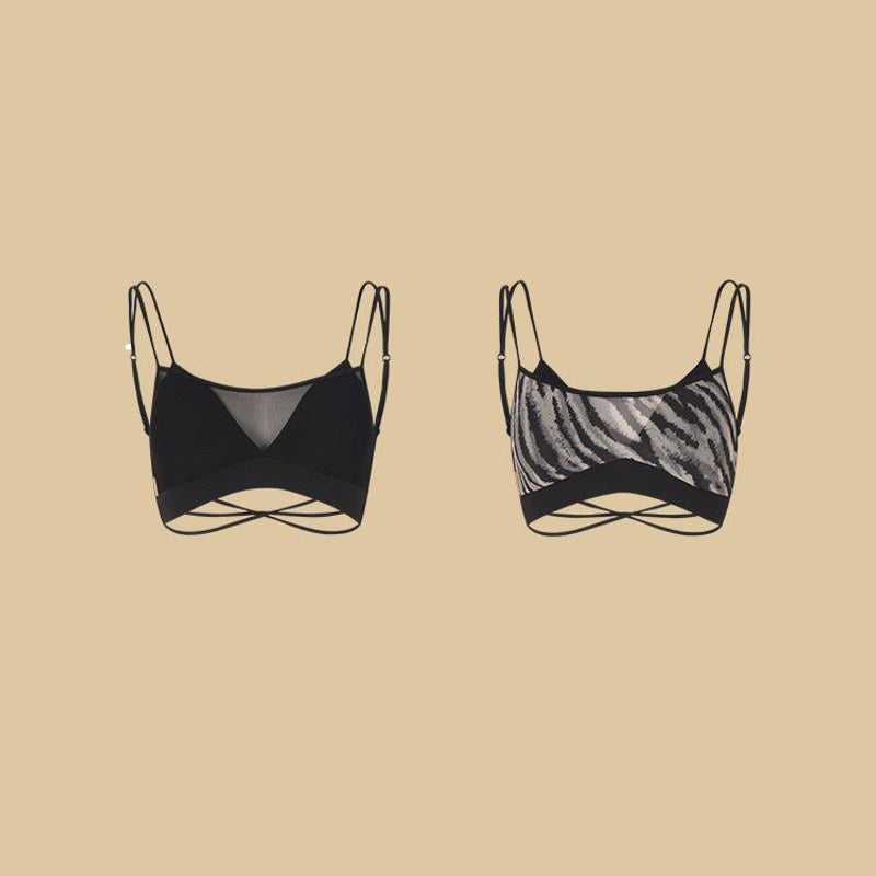 Black, Zebra mesh panel Latin dance bra top, flat lay of both colours