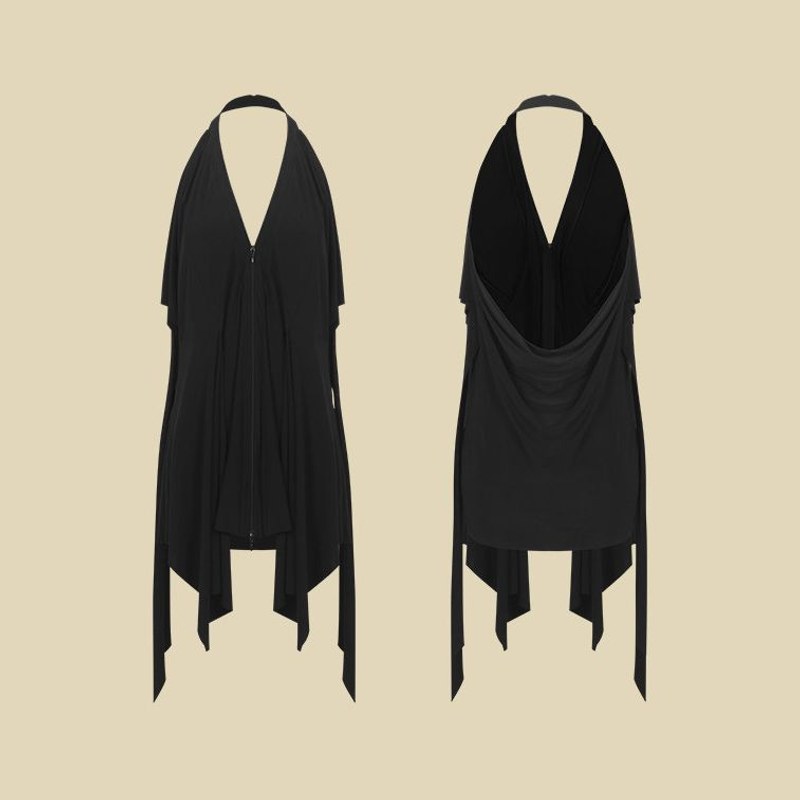 Black halter drape Latin dance tunic top, flat lay front and back