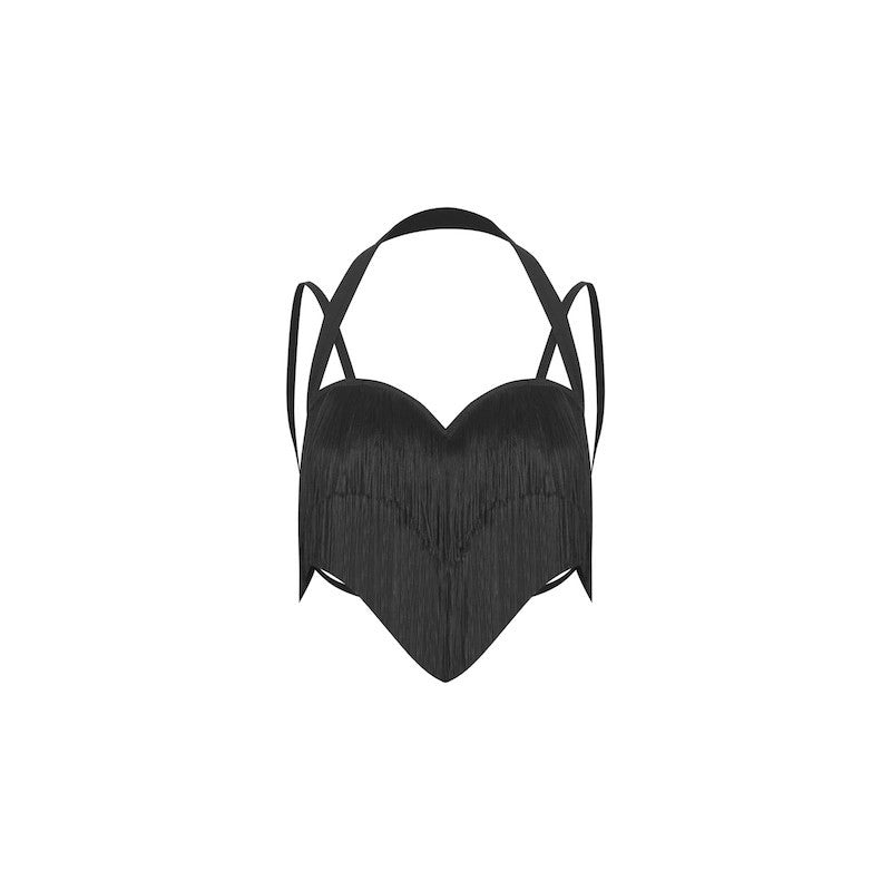 Black fringe halter Latin dance top, flat lay