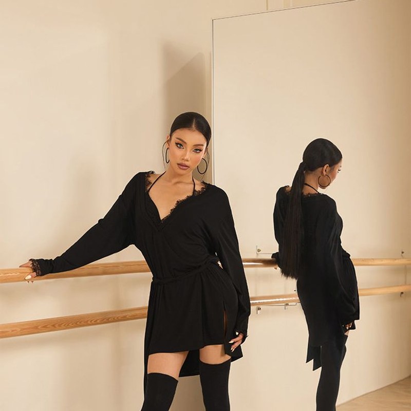 Black oversized long sleeve tunic top, front and back view