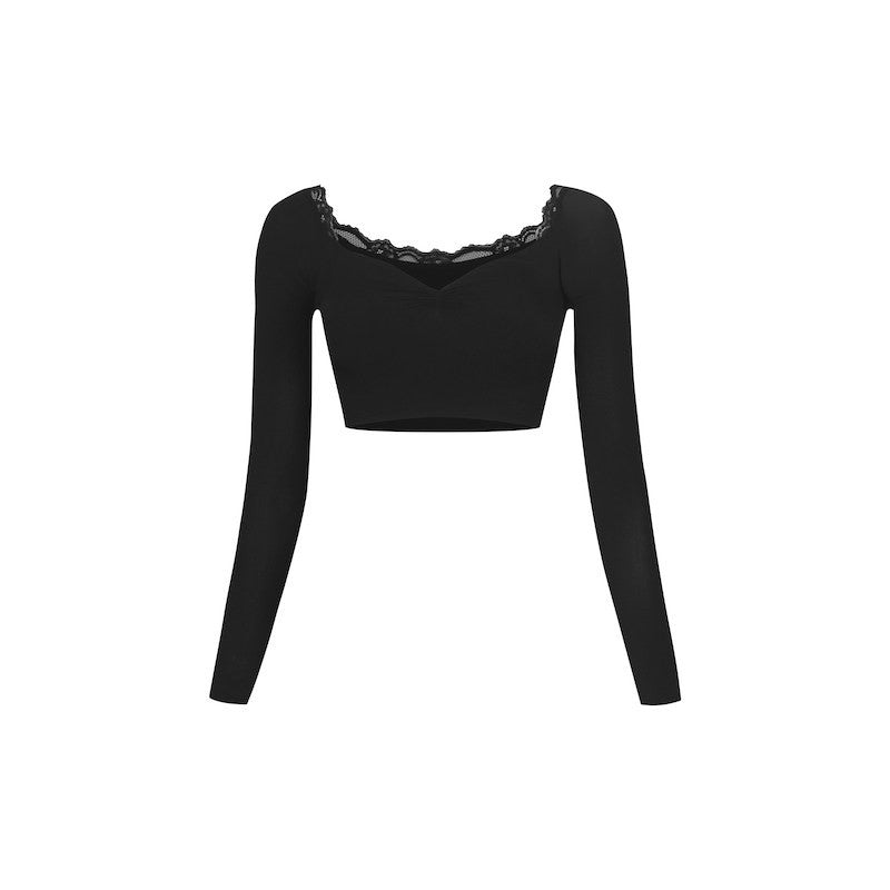 Black lace trim long sleeve Latin dance crop top, flat lay