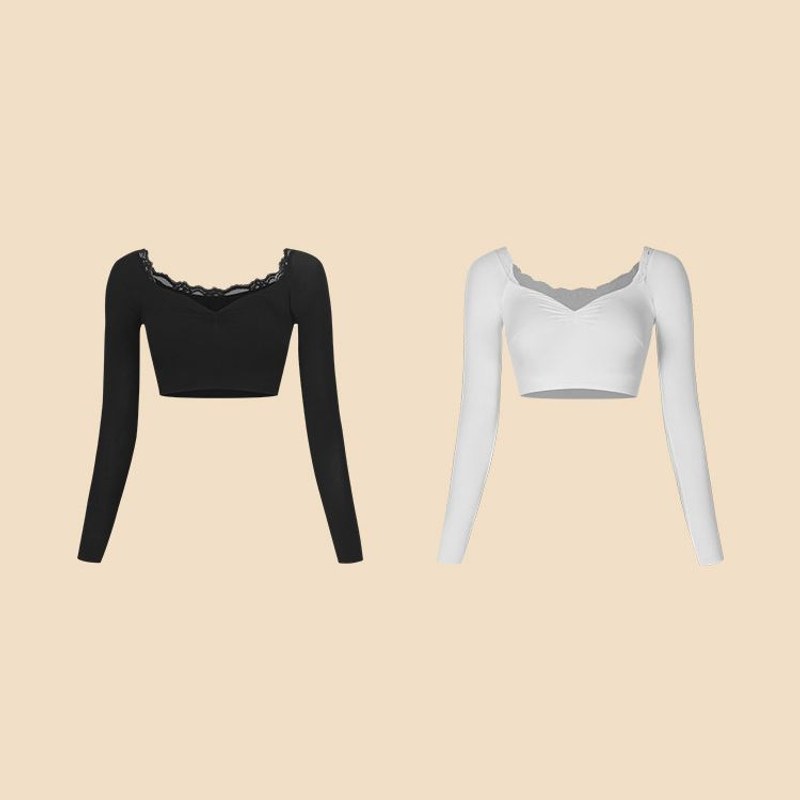 Black, White lace trim long sleeve Latin dance crop top, flat lay of both colours