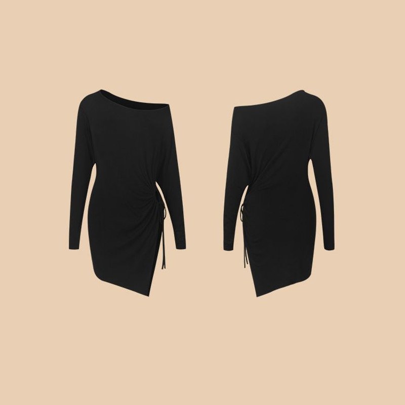 Black one shoulder long sleeve dance tunic top, flat lay front and back