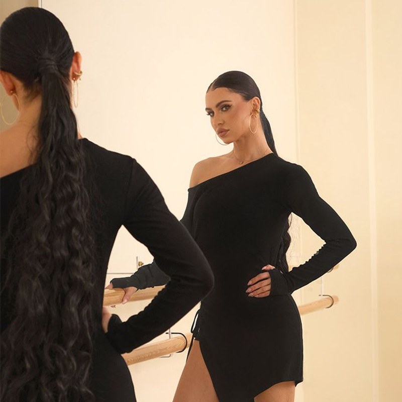 Black one shoulder long sleeve tunic top, back and front view