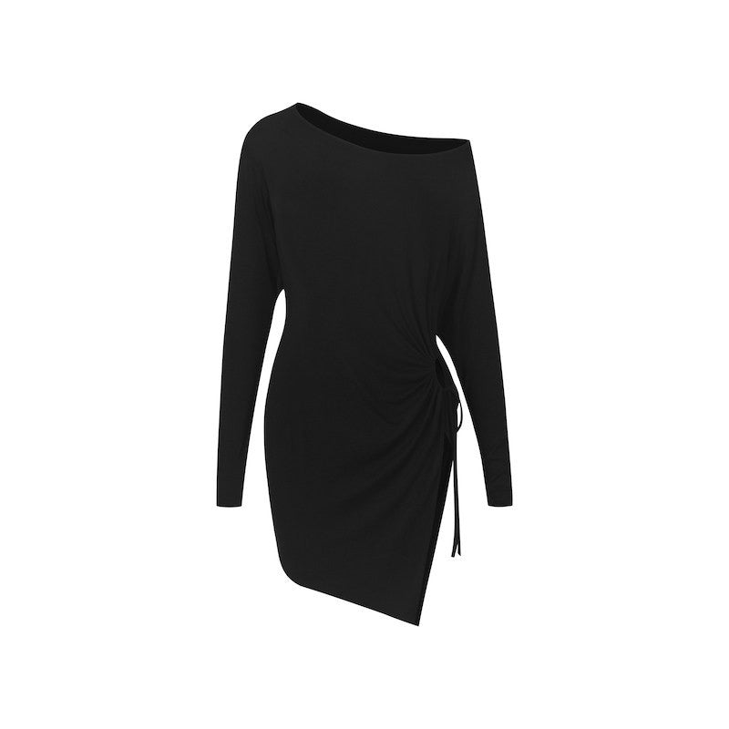 Black one shoulder long sleeve dance tunic top, flat lay