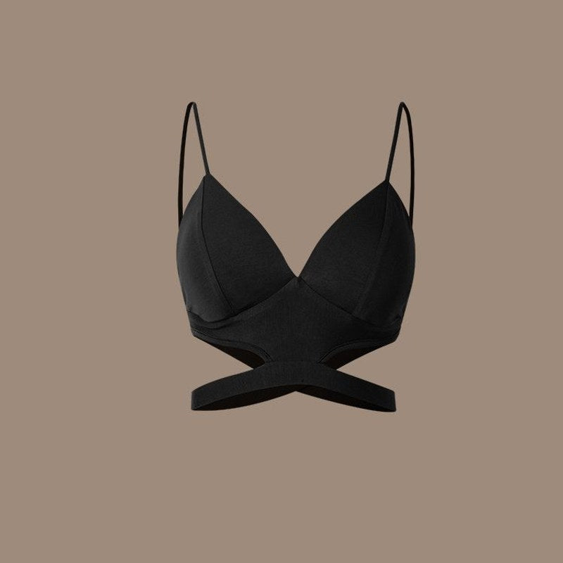 Black wrap front Latin dance bra top, flat lay