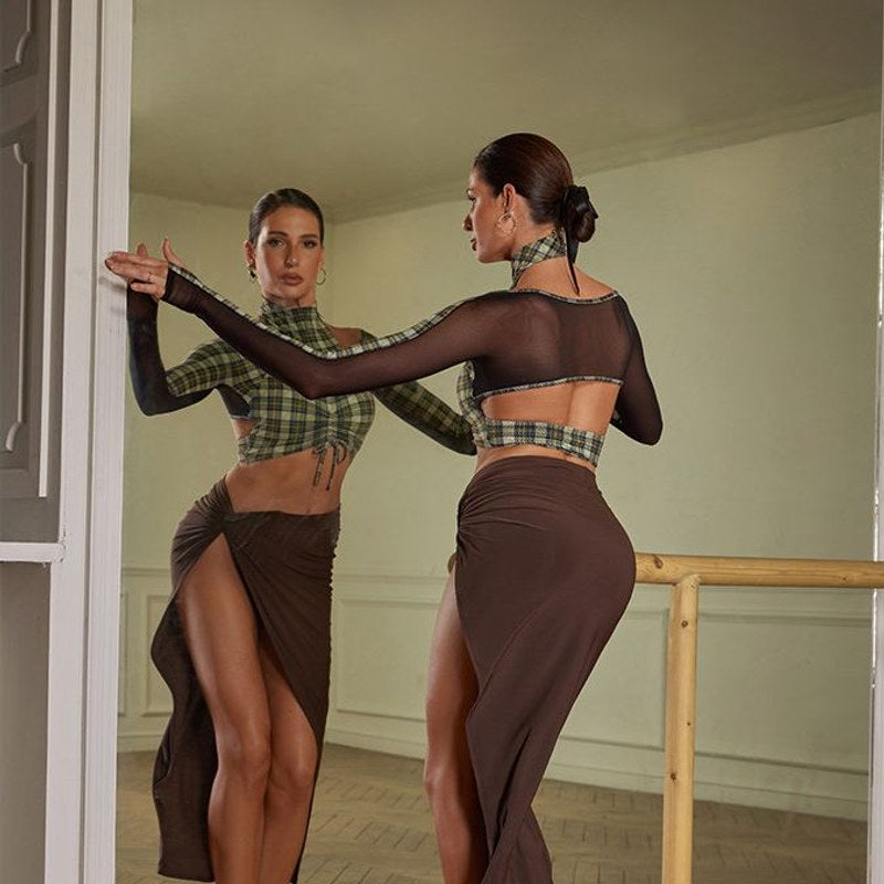 Plaid mock neck long sleeve crop top, back view of the sheer mesh back
