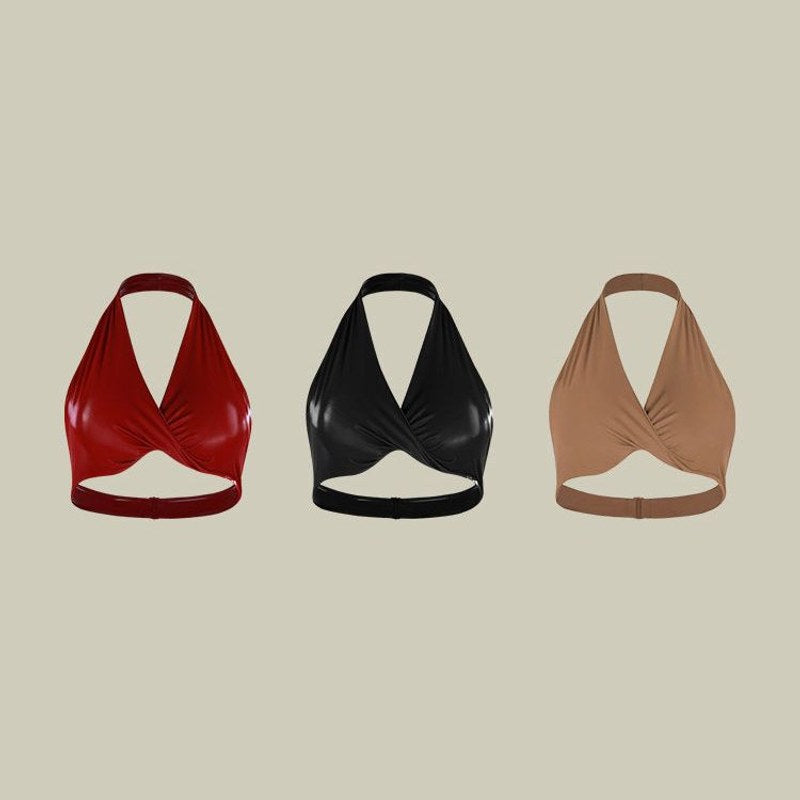 Burgundy, Black, Nude twist front halter Latin dance top, flat lay of all three colours