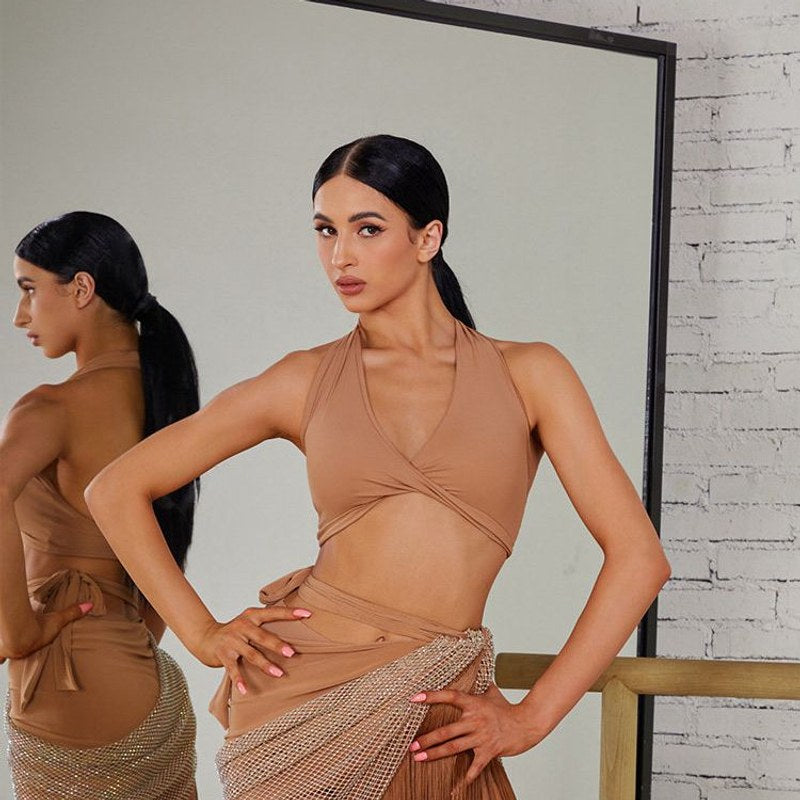 Nude twist front halter top, front view
