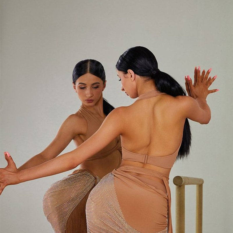 Nude twist front halter top, back view