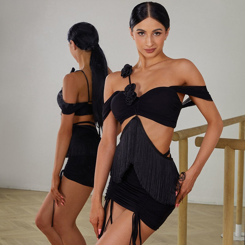 Black off shoulder fringe Latin dance top for Latin practice, front view