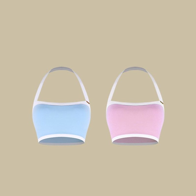 Light Blue, Pink halter bandeau Latin dance top, flat lay of both colours