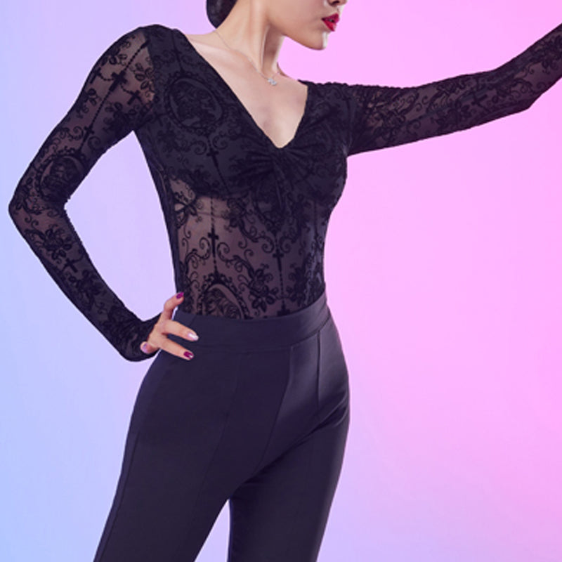 Latin Dance Leotard Flocked Lace Twist Front Long Sleeve Bodysuit, view 6