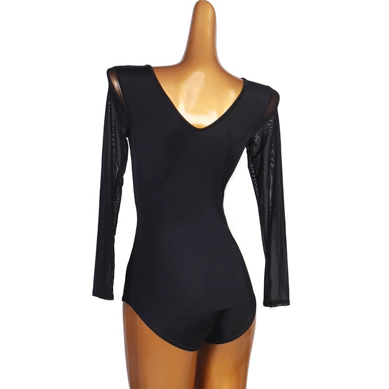 TTdancewear black mesh long sleeve Latin dance bodysuit, V back view