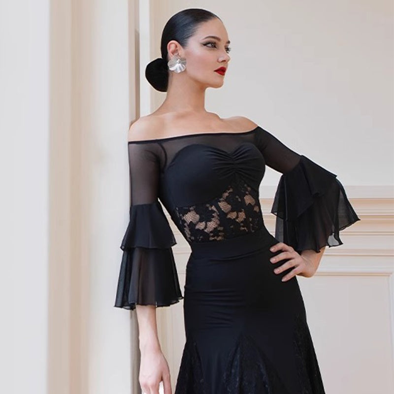 Ballroom Dance Leotard Mesh Yoke Double Flounce Sleeve Bodysuit, view 3