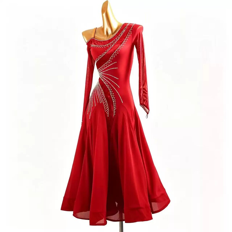 Red one sleeve ballroom dance dress, angled front view on mannequin