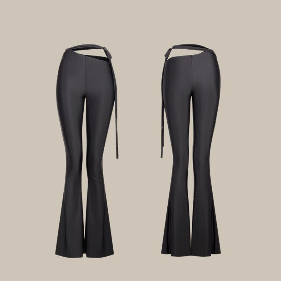 Ruched Latin Dance Pants High Waist Knot Tie Flared Practice Trousers, view 2
