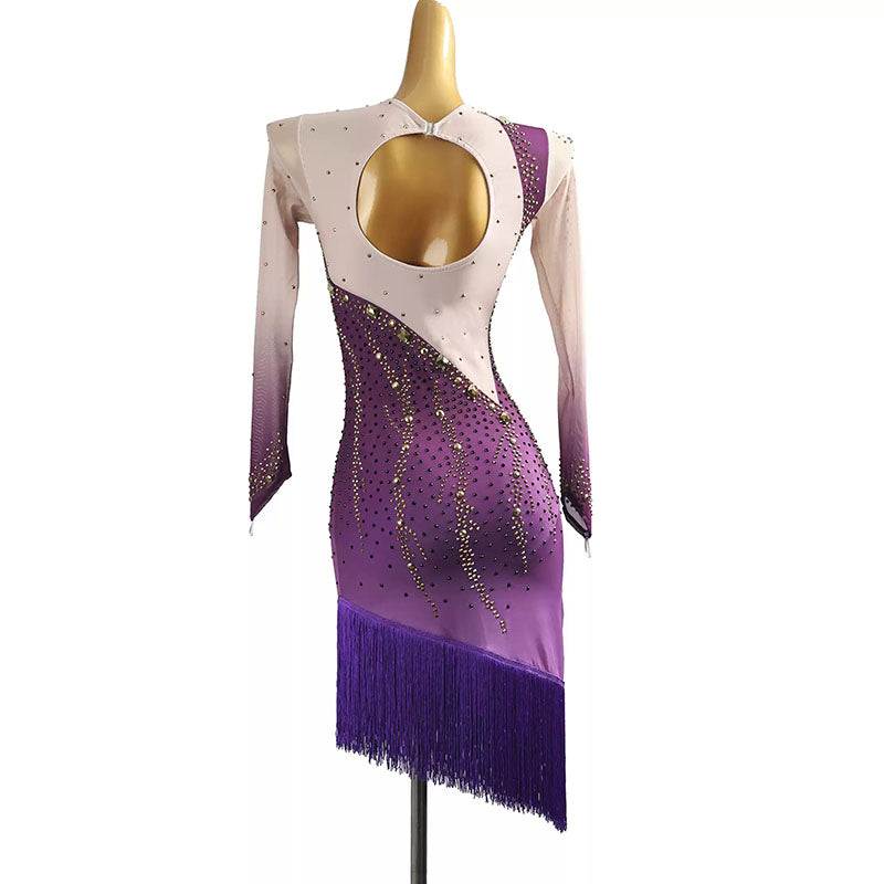 Purple illusion sleeve gradient dress, back view on mannequin